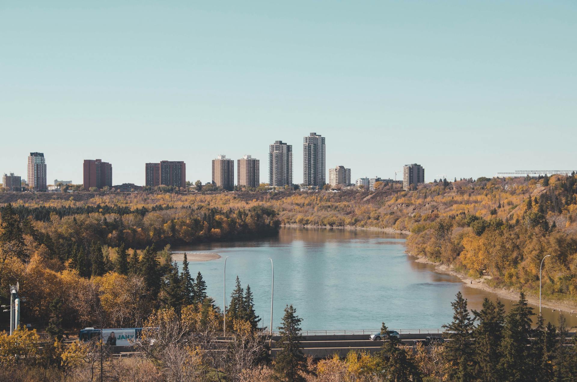 Edmonton skyline with river valley and fall foliage